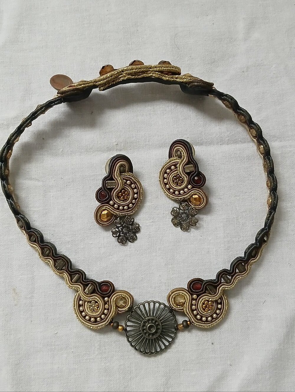 Vintage Dori Csengeri Soutache Textile Necklace & Earrings Set Handmade Israel